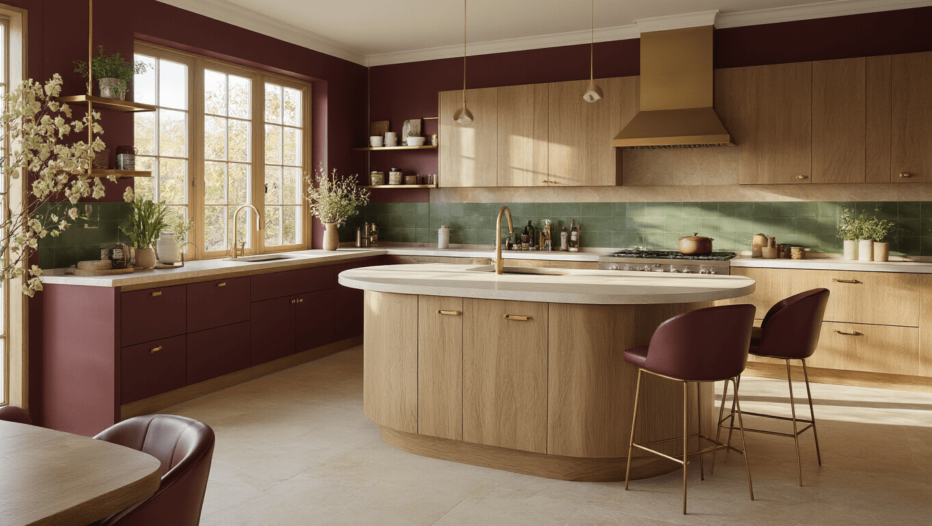 Cinematic wide-angle shot of a modern kitchen with curved oak island, burgundy accent wall, and limestone countertop, featuring warm morning light, brushed brass hardware, green backsplash, leather bar stools, and an intimate coffee station with aubergine cabinets and brass shelves.