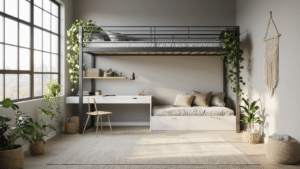 Cinematic shot of a modern teen bedroom with industrial metal loft bed, gray walls, minimalist white desk, cascading pothos plants, and natural lighting creating an inviting atmosphere.