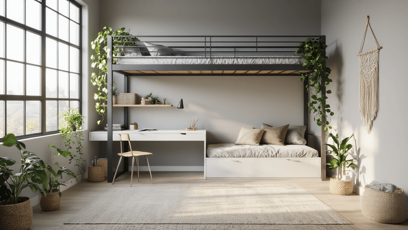 Cinematic shot of a modern teen bedroom with industrial metal loft bed, gray walls, minimalist white desk, cascading pothos plants, and natural lighting creating an inviting atmosphere.