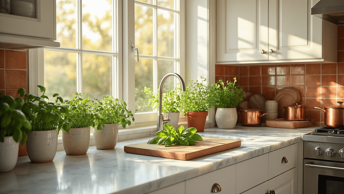 Ultra-realistic kitchen interior with matte white cabinets and stainless steel appliances, bathed in soft morning light, featuring marble countertops, fresh herbs, a reclaimed wood cutting board, a warm terracotta tile backsplash, and copper cookware, all capturing an inviting atmosphere for meal preparation.