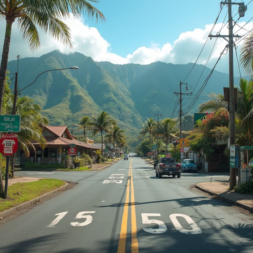Early morning at Mile Marker Zero in Paia Town, Maui, illustrating Route 36 transitioning to challenging Route 360, with tourists preparing at local gas station amidst lush Hawaiian vegetation and rugged mountains in the background.