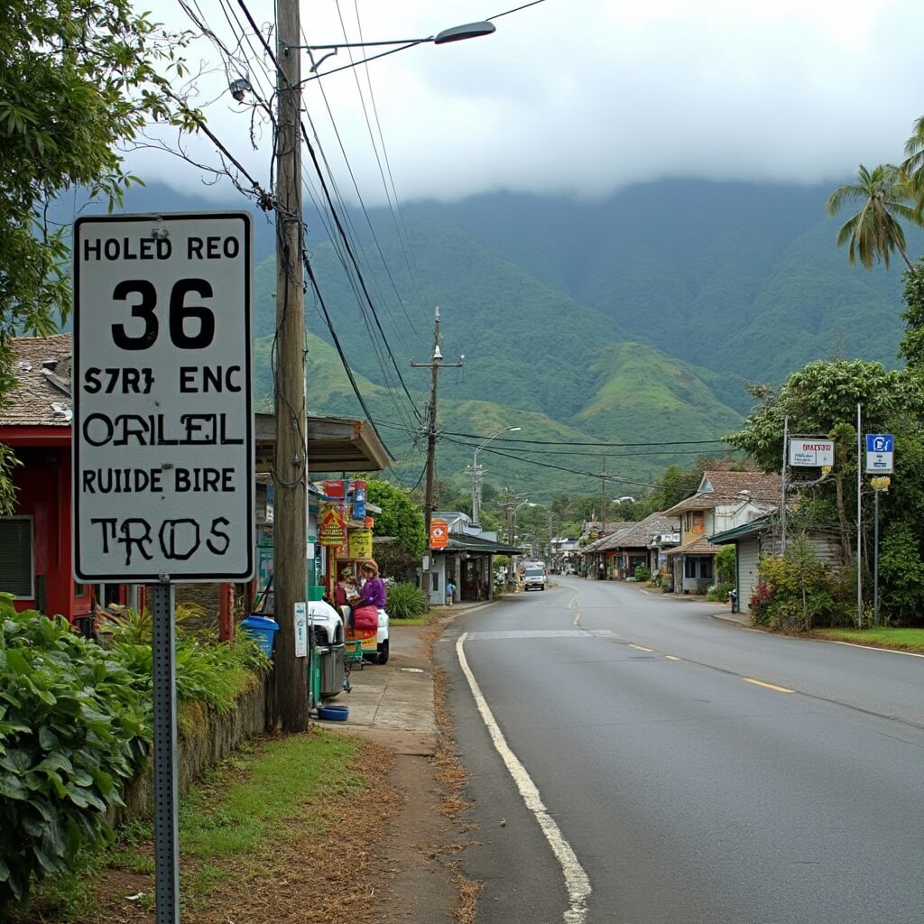 Travelers preparing at Mile Marker Zero in Paia Town, last supply stop on Route 36 before Route 360, marking the start of the Hana Highway, with a gas station, local architecture, and lush mountains in the background