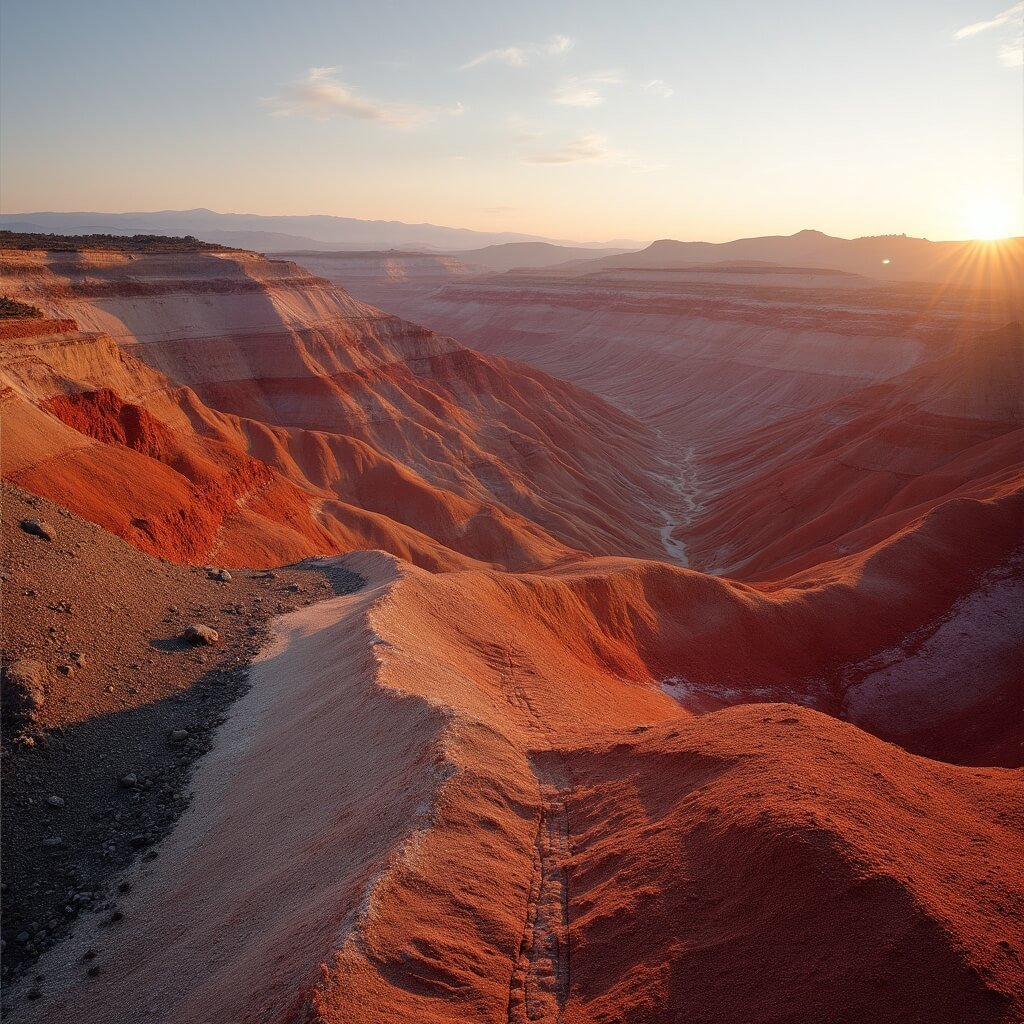 Panoramic view of Painted Hills at golden hour showcasing layered red clay, black volcanic ash, and golden mudstone textures