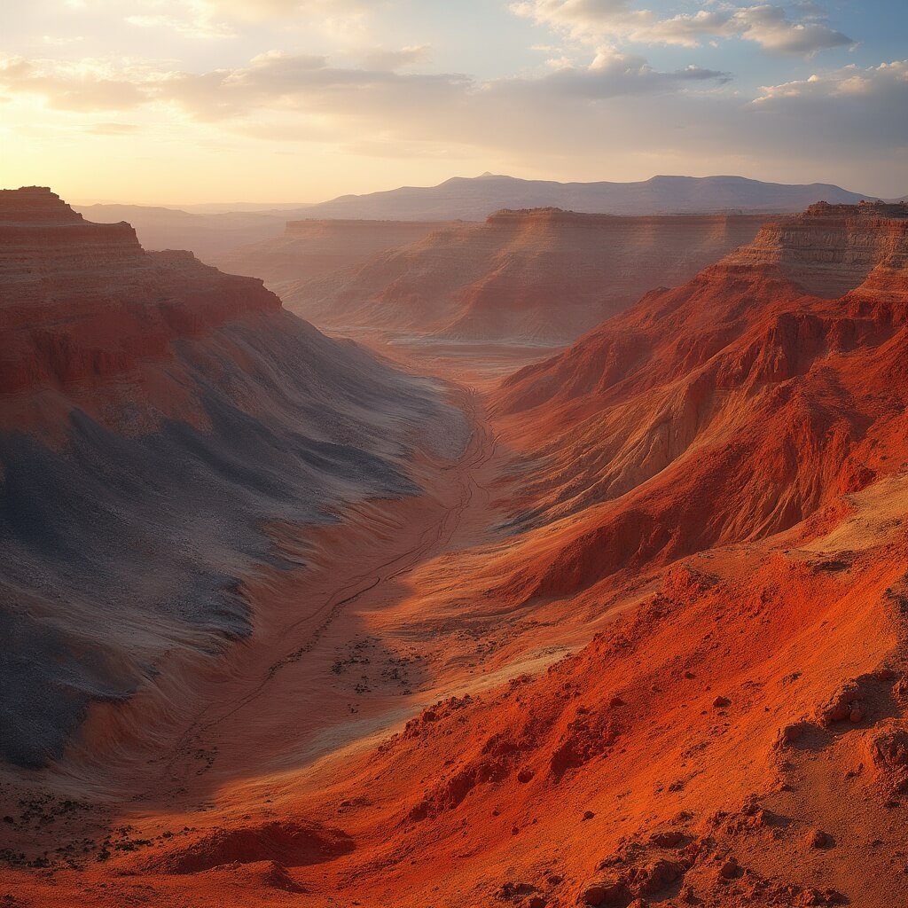 Panoramic image of Painted Hills' geological strata bathed in golden sunset light, revealing intricate layers of red clay, black volcanic ash, and golden mudstone
