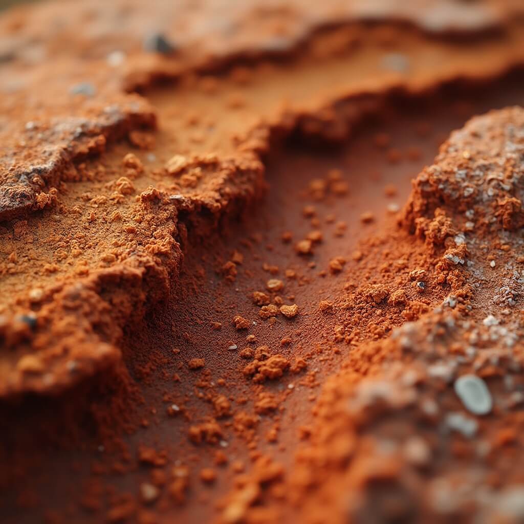 Close-up macro photography of the microtextural landscape of Painted Hills, revealing the granular composition of mudstone and siltstone layers in shades of rust-red, deep umber, and burnt sienna.