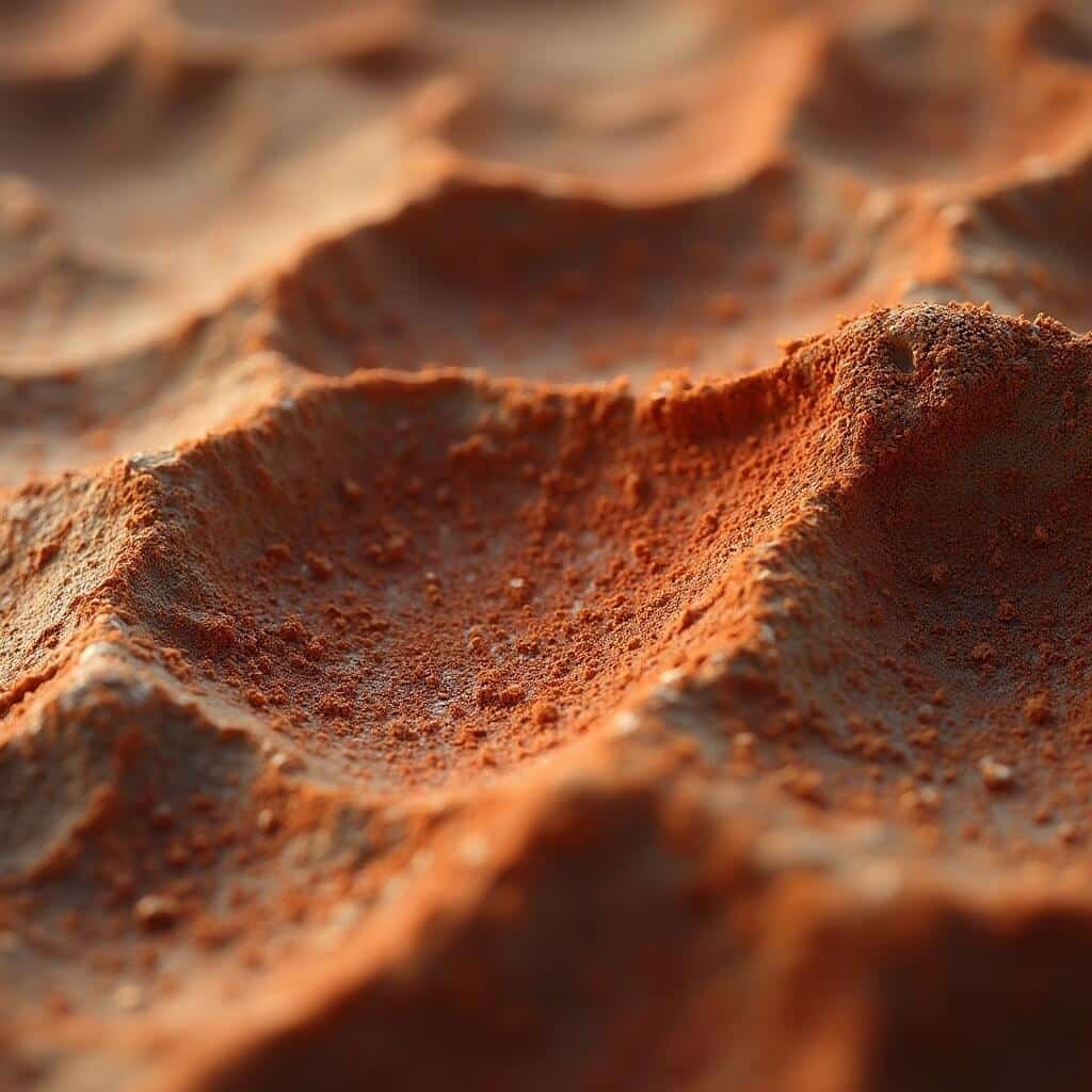 Macro close-up of Painted Hills' mudstone and siltstone texture with earth-tone colors of rust-red, deep umber, and burnt sienna, highlighting intricate geological details.