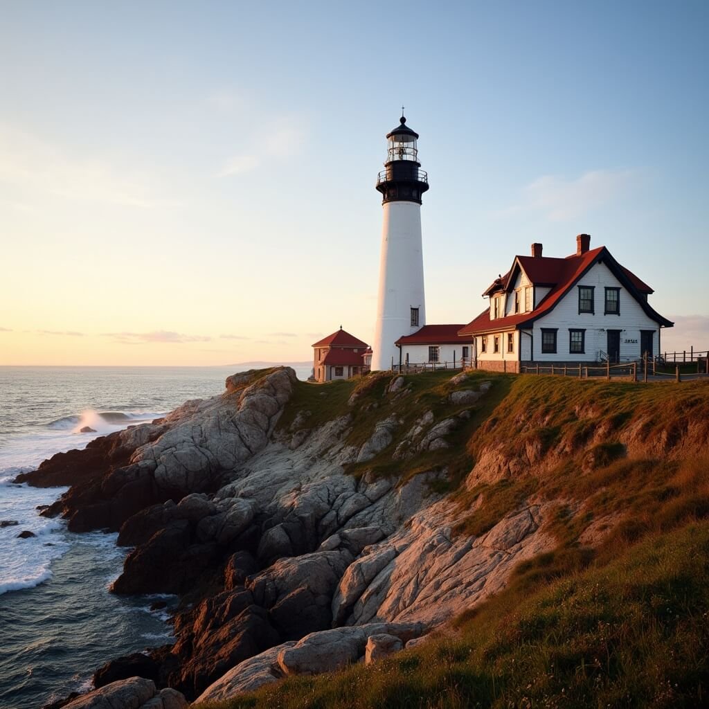 Portland Head Light, America's oldest lighthouse, standing majestically during golden hour on rocky cliffs in Fort Williams Park, with the historic keeper's house museum and scenic park grounds nearby.