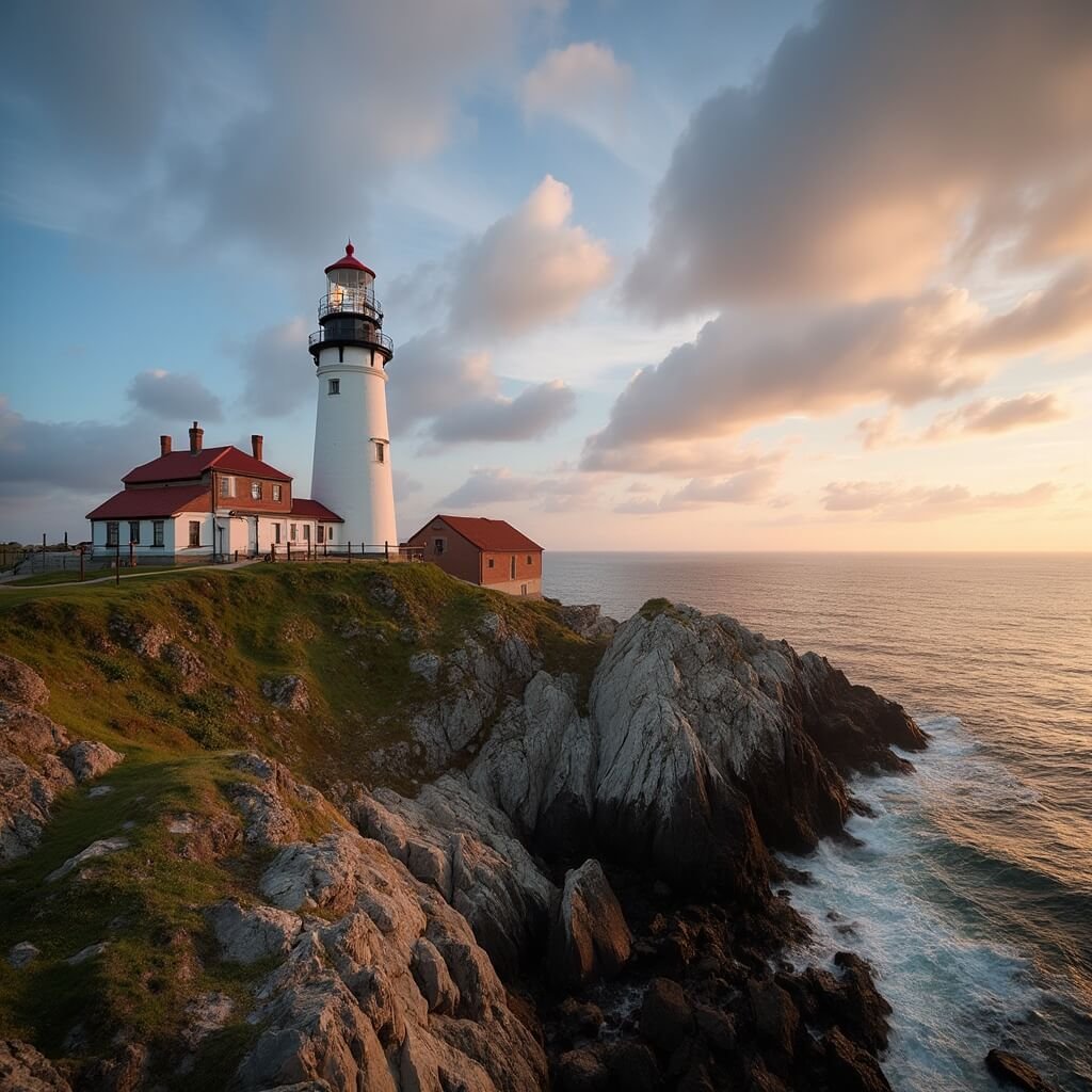 Portland Head Light, America's oldest lighthouse, at golden hour with its classic white tower and red lantern room, standing on rocky cliffs next to the keeper's house museum, in Fort Williams Park, Portland, Maine.