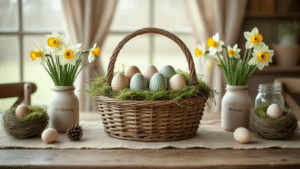 A rustic farmhouse dining table centerpiece featuring a weathered woven basket filled with hand-painted wooden eggs, Spanish moss, eggshell vases with daffodils, burlap accents, and mason jars with pussy willows, all showcased in warm golden hour lighting.