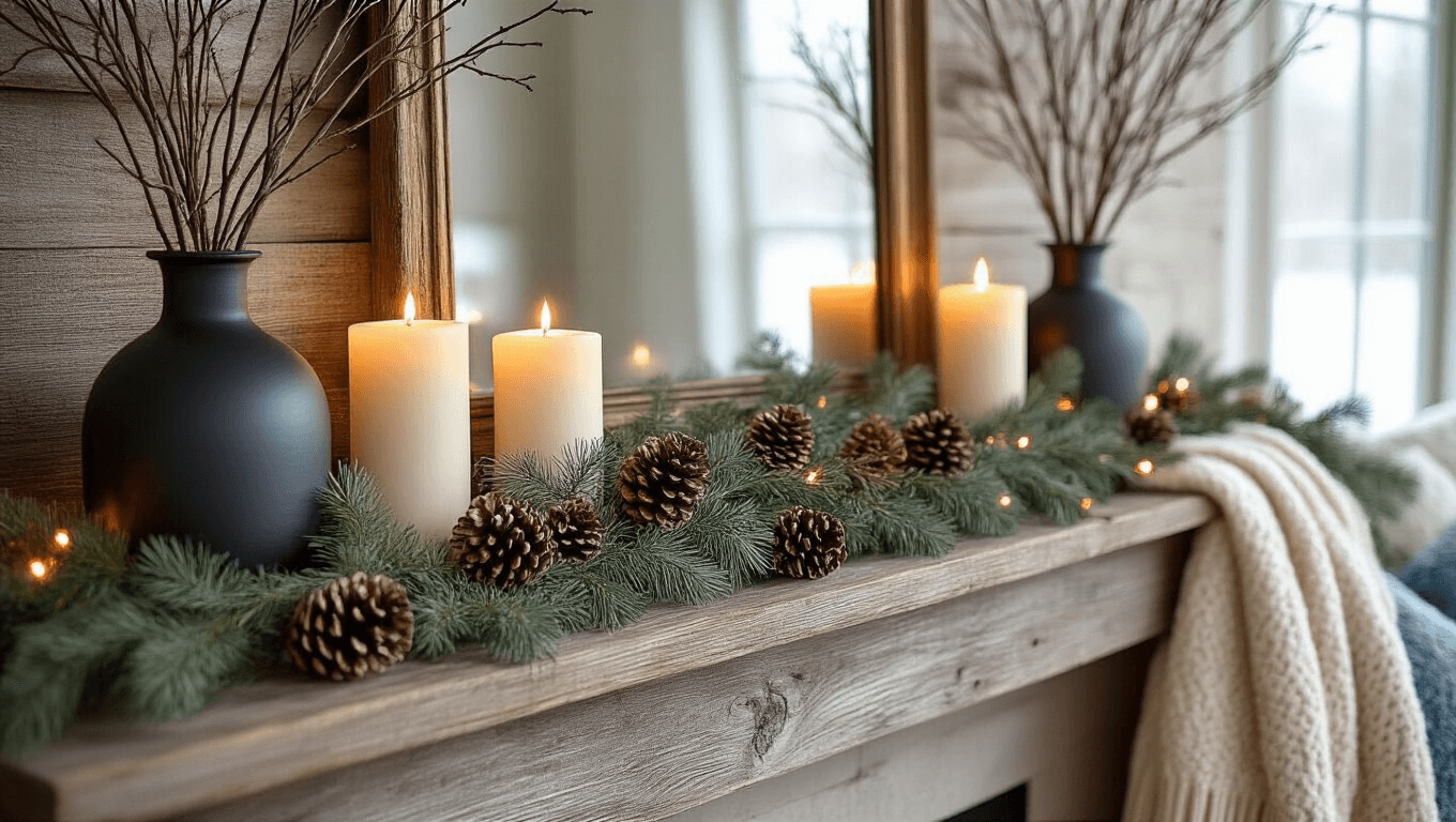 Ultra-detailed rustic winter mantel scene with weathered barn wood, tall matte black iron vase holding birch branches, scattered pinecones, fresh eucalyptus garland, cream pillar candles, antique brass mirror, chunky cable-knit throw, icy blue pillows, warm white fairy lights, and cozy lighting.