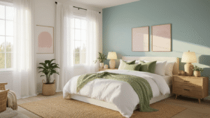 Ultra-realistic serene bedroom with soft white walls, pastel blue accent wall, king-sized bed with crisp white bedding, natural wood furniture, and warm golden hour light, creating a cozy and tranquil atmosphere.