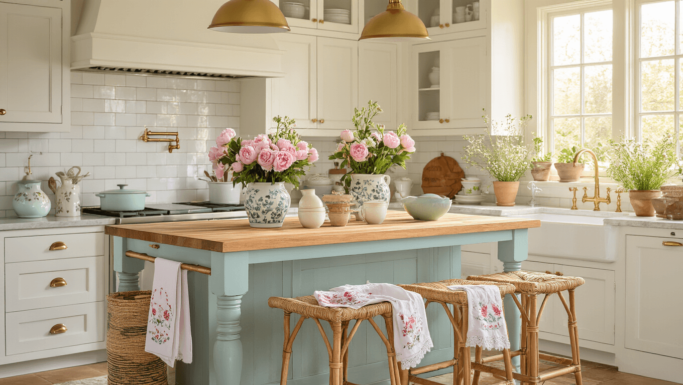 Medium shot of a cozy cottage farmhouse kitchen island in warm golden morning light, featuring white shaker cabinets with robin's egg blue accents, rich butcher block countertops with soft pink peonies and white ranunculus, woven bar stools, vintage ginger jars, and fresh herbs, creating a spring-inspired atmosphere.