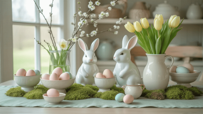 Elegant modern farmhouse console table styled for spring Easter with pastel eggs, fresh tulips, ceramic bunnies, and a linen runner, accented by warm golden hour sunlight.