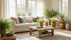 Cinematic shot of a sunlit living room featuring a neutral sofa with textured pillows, a reclaimed wood coffee table with white tulips, terracotta pots with ferns, and organic decor elements, all bathed in warm morning light.