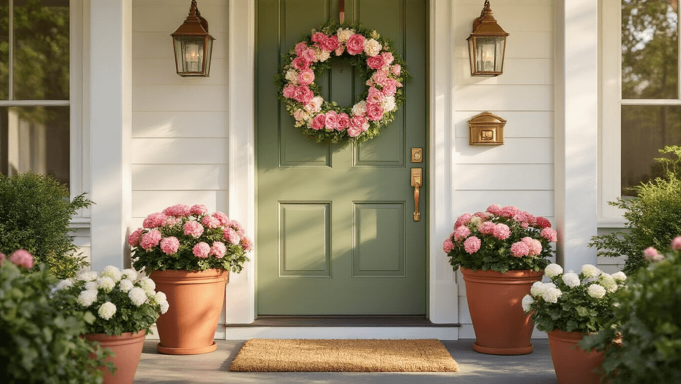 Cinematic front entrance featuring a sage green door adorned with a brass knocker, oversized spring wreath of pink ranunculus and white hydrangeas, and terra cotta planters with blooming geraniums, all bathed in warm golden hour light.