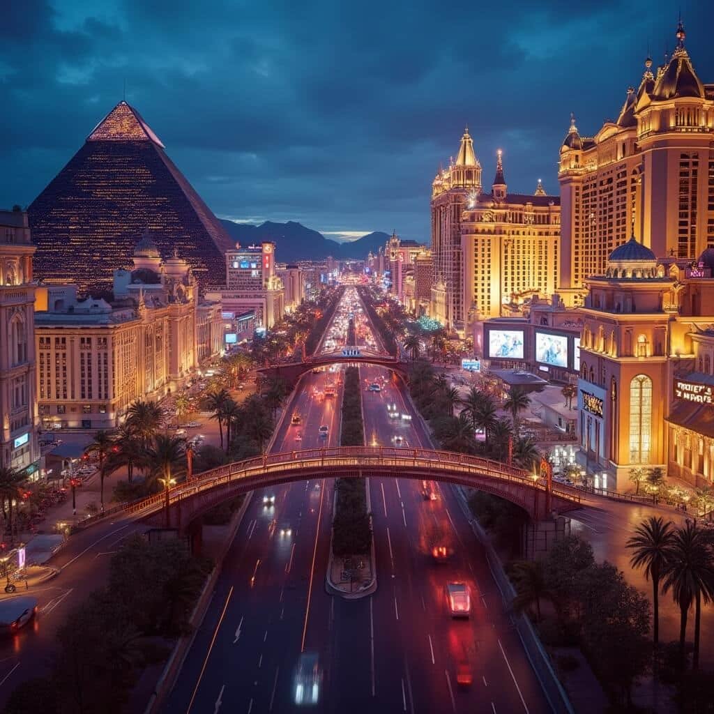 Dusk view of Las Vegas Strip with neon-lit casino resorts, six-lane boulevard, pedestrian bridges, and architectural details under cinematic lighting