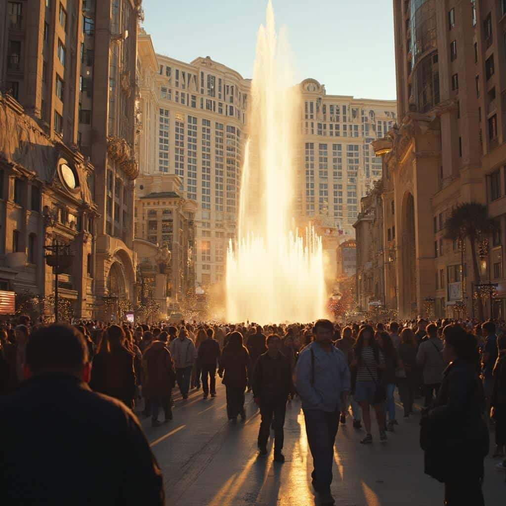 Bustling pedestrian crowd on Las Vegas Strip with Bellagio's dancing fountains and massive resort facades during golden hour