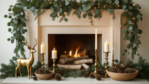 Elegant fireplace mantel adorned with eucalyptus and pine garland, brass candlesticks with flickering candles, scattered pinecones, and soft lamb's ear stems, illuminated by warm golden hour light in a cozy living room setting.