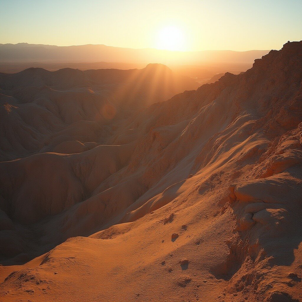 Zabriskie Point at sunrise, showcasing cascading golden light over undulating badlands, long shadows, and highly detailed eroded surfaces in a wide-angle composition, shot with Canon EOS R5.