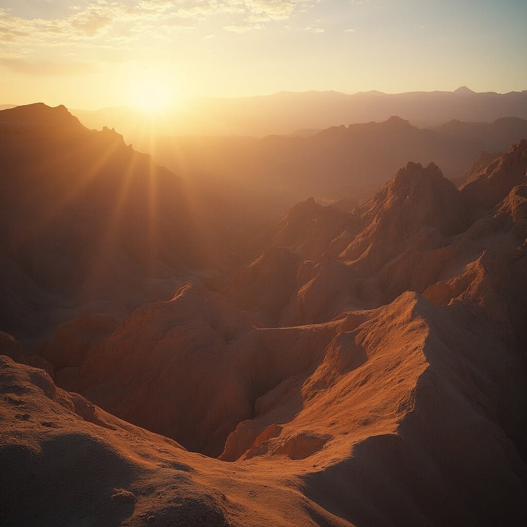 Zabriskie Point at sunrise with golden-amber light illuminating the badlands terrain and sharp geological formations, captured in high resolution with Canon EOS R5 and 14-24mm lens