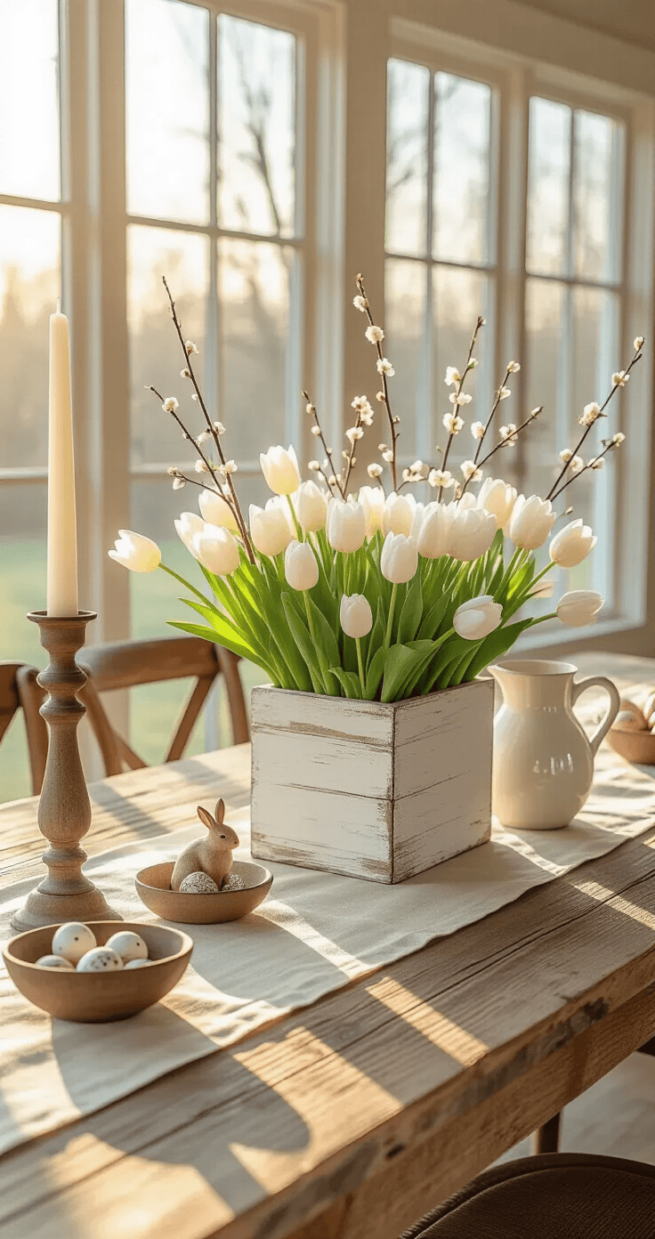 A rustic spring dining table setup with a weathered wood surface, featuring a centerpiece of white tulips and pussy willow, flanked by weathered wood candlesticks, a ceramic pitcher, and a wooden bowl of speckled eggs, all under warm golden hour sunlight.