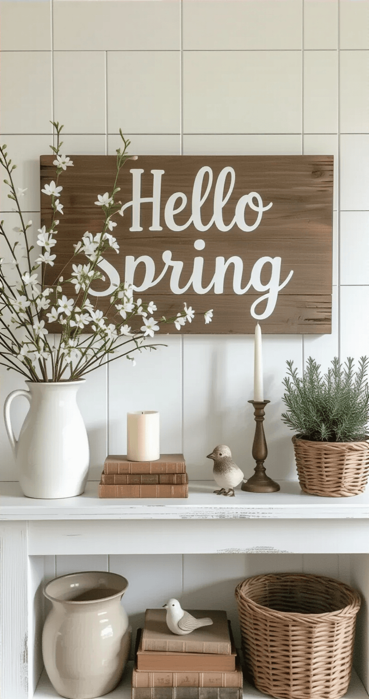 A rustic spring mantel adorns a white shiplap wall, illuminated by soft morning light, featuring a distressed