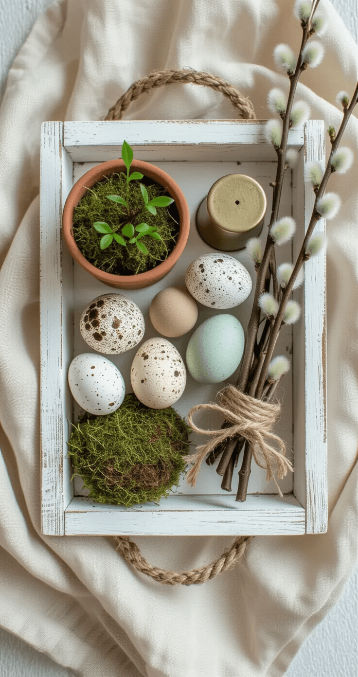 Close-up of a rustic spring styling detail featuring speckled ceramic eggs in dried moss, a small terra cotta pot with green shoots, a vintage brass thimble, and a twig bundle tied with jute twine, all arranged on a weathered white wooden tray with a cream linen backdrop, in soft morning light highlighting various textures.