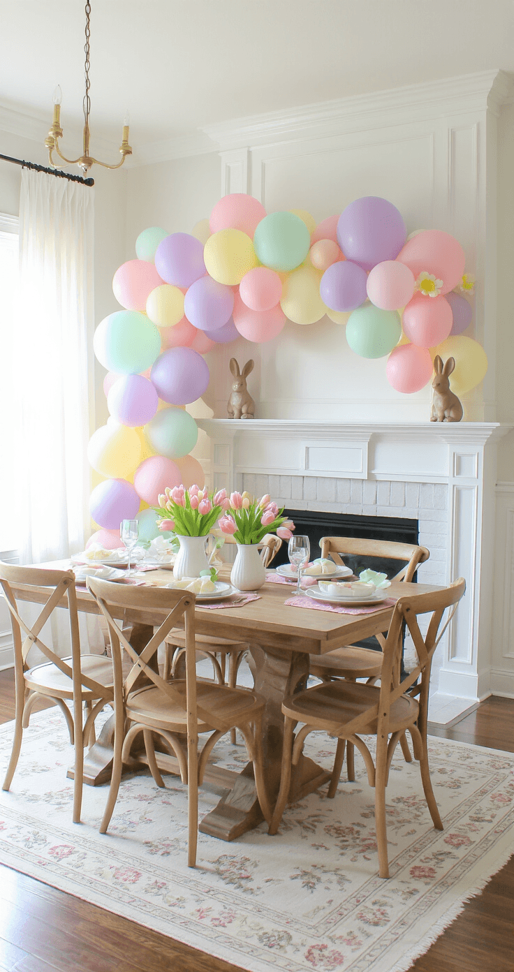 Bright spring dining room with a pastel balloon garland over the white fireplace mantel, morning light filtering through sheer curtains, showcasing a farmhouse table set for Easter brunch with tulip centerpieces, hardwood floors, and decorative accents for a warm, celebratory atmosphere.