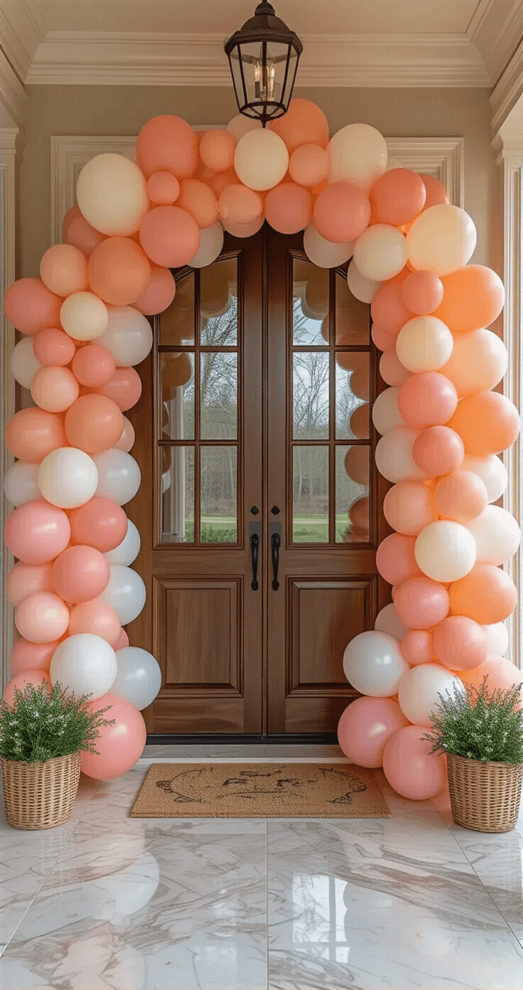 Close-up view of a vibrant balloon arch in coral pink, peach, and cream white, framed by a front door with polished marble flooring and decorative molding, accented by wicker Easter baskets and fresh greenery, illuminated by warm golden hour light for an inviting and elegant atmosphere.