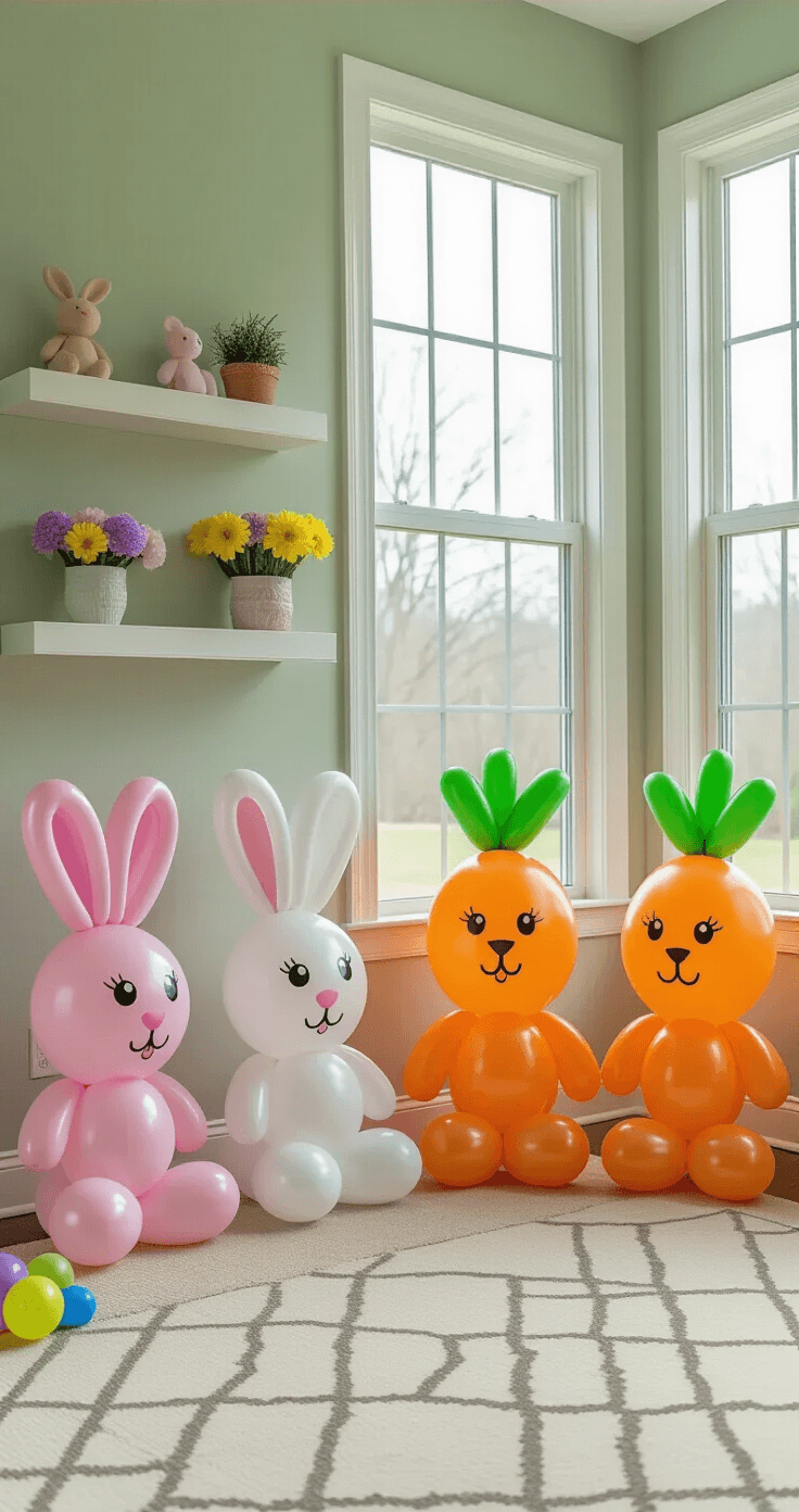 Eye-level view of a whimsical Easter balloon character display featuring pink and white balloon bunny characters, orange balloon carrots, and smaller lavender and yellow balloon flowers arranged on floating wall shelves against a soft sage green accent wall in a brightly lit living room with plush cream carpeting.