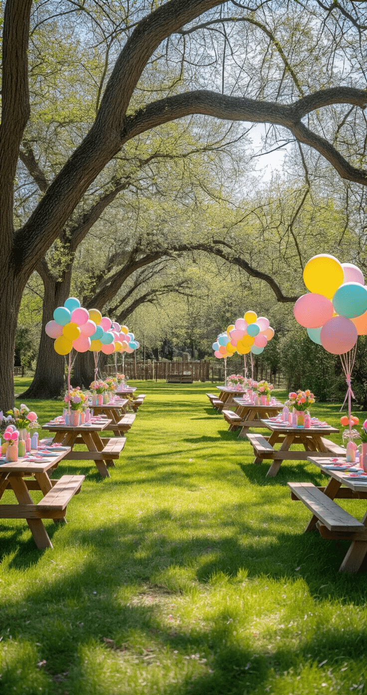 Wide shot of a vibrant outdoor Easter egg hunt featuring colorful balloon decorations, expansive green lawn, mature oak trees, and organized picnic tables, all under bright midday sunlight, capturing a joyful celebration atmosphere.