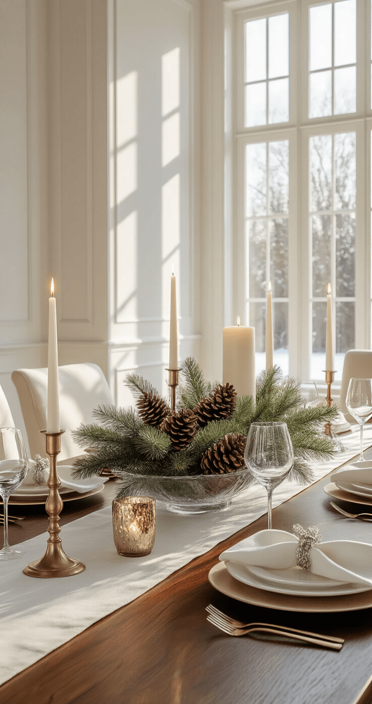 Photorealistic winter dining room with a 12-foot mahogany table adorned with a silver runner, tall mullioned windows allowing golden hour sunlight, a glass pedestal bowl filled with pinecones and evergreen, a three-tiered candlescape, white linen napkins on wood charger plates, and a cozy yet sophisticated farmhouse atmosphere.