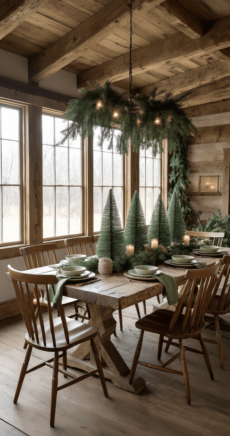 Photorealistic dining space in a winter-themed converted barn featuring a large reclaimed wood table with Windsor chairs, adorned with bottle brush trees, birch bark, and pine boughs, illuminated by soft afternoon light through frosted windows, complemented by rustic ivory ceramic dishes and sage green napkins.