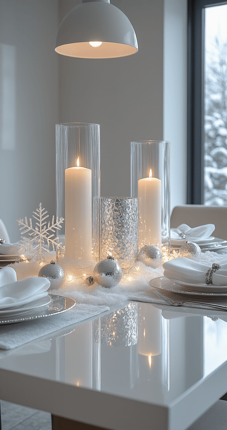 A serene winter wonderland tablescape featuring a sleek white lacquer table adorned with fairy lights, glass hurricane lanterns, and mercury glass ornaments in a modern dining room with polished concrete floors.