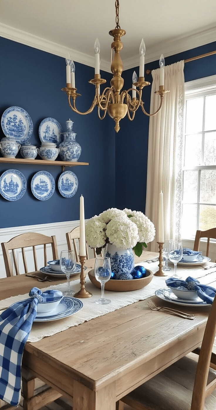 Photorealistic winter-themed dining room with navy accent wall, featuring a weathered oak farmhouse table set for six, adorned with blue and white ceramics, vintage transferware, dusty blue linen runner, white hydrangeas, blue glass ornaments, and cream taper candles in brass candlesticks, all bathed in warm golden light through lace curtains.