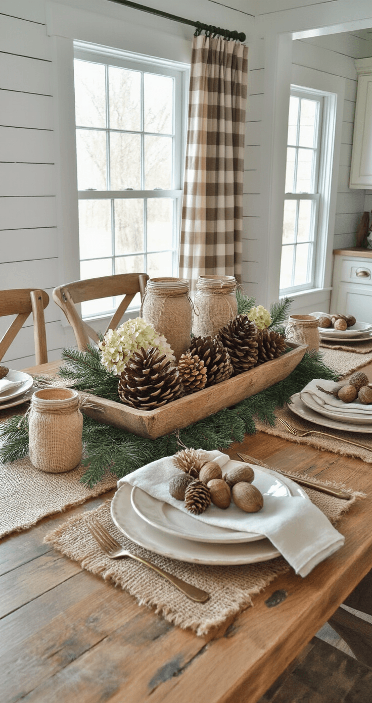 Photorealistic winter tablescape in a farmhouse kitchen, featuring a reclaimed pine table with natural elements like pinecones and dried flowers, woven jute runner, burlap-wrapped candle votives, cream stoneware plates, and fresh evergreen clippings, all bathed in warm morning light.