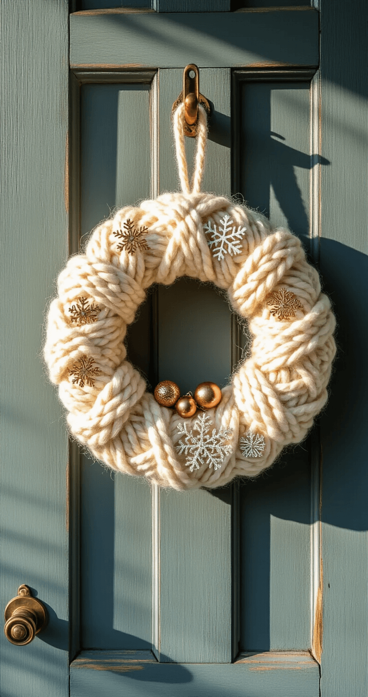 Medium shot of a rustic navy blue front door adorned with a handmade cream and gold yarn wreath, featuring felt snowflakes and copper ornaments, captured during golden hour with warm light, an aged brass hook, and soft sage green ship-lap siding, with shallow depth of field highlighting the wreath against blurred winter planters.