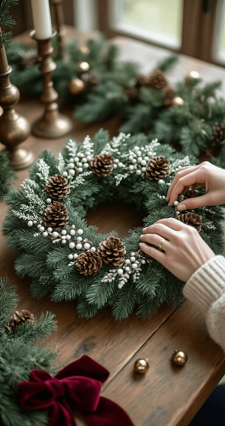 Close-up of hands in cream cable-knit sweater sleeves arranging a magazine-worthy evergreen wreath on a farmhouse dining table with diffused mid-morning light, featuring an 18-inch Fraser fir base, snowy boxwood picks, white berry stems, and clustered pinecones, surrounded by brass bells, burgundy velvet ribbon, and evergreen sprigs, with blurred holiday garland and vintage brass candlesticks in the background.