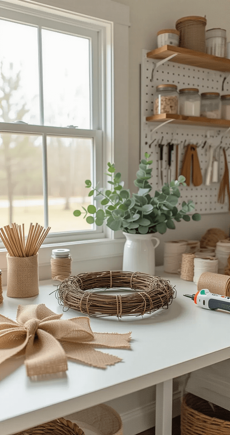 Wide shot of a bright craft room workspace featuring a wire wreath form on a white craft table, surrounded by organized supplies like burlap ribbon and eucalyptus stems, with LED lighting and natural window light illuminating the half-completed wreath and tools displayed on a pegboard.