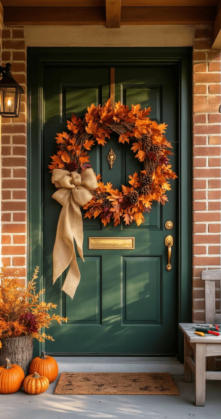 Cozy front porch entrance with a rustic green door and oversized grapevine wreath adorned with autumn foliage, burlap ribbon, pumpkins, and pinecones, illuminated by warm golden hour light and shadows on weathered brick walls.