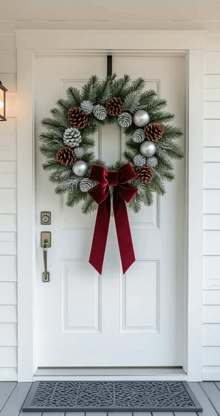 A contemporary entryway featuring a modern white front door with chrome handles, adorned with an elegant wire frame wreath of artificial evergreen, silver-dusted pinecones, and a red velvet bow, all illuminated by mid-morning light.