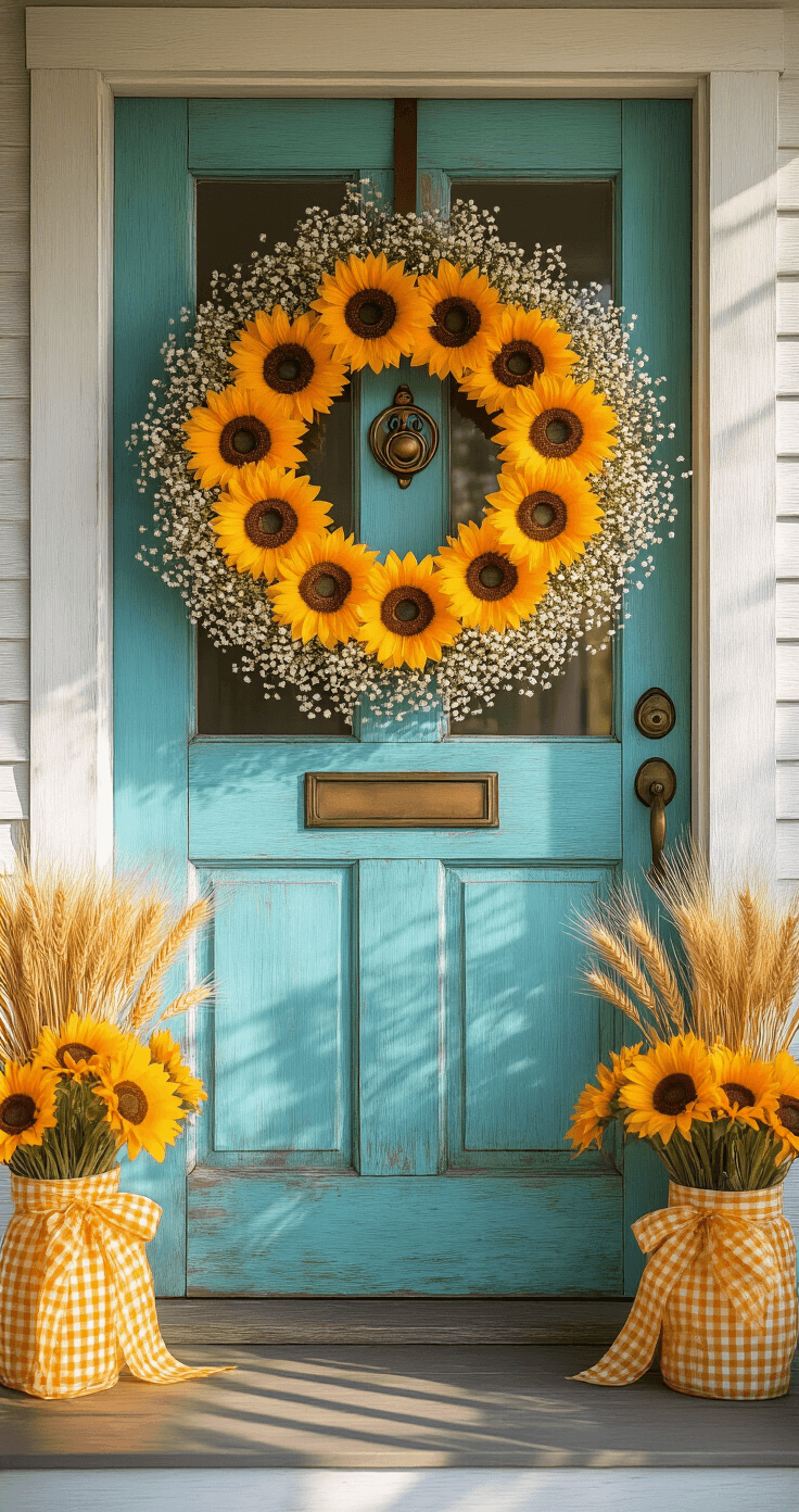 A charming farmhouse porch with a distressed turquoise door, adorned with a vibrant sunflower wreath and surrounded by wheat stalks and baby's breath, under warm afternoon sunlight.