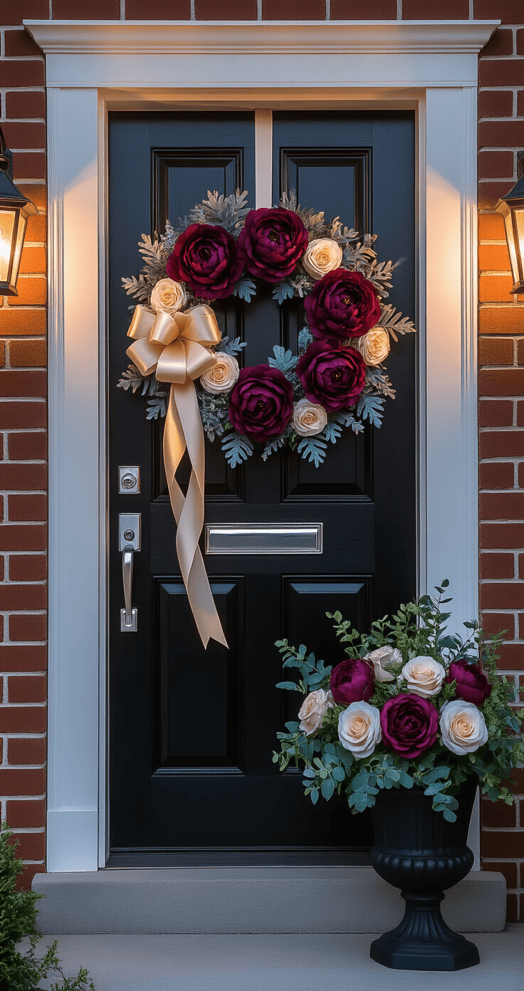An elegant suburban entrance at twilight featuring a black front door with silver hardware, a luxurious wreath of burgundy peonies, dusty miller, eucalyptus, and cream roses, accented by champagne satin ribbons. The rich red brick facade and illuminated landscaping enhance the sophisticated aesthetic.