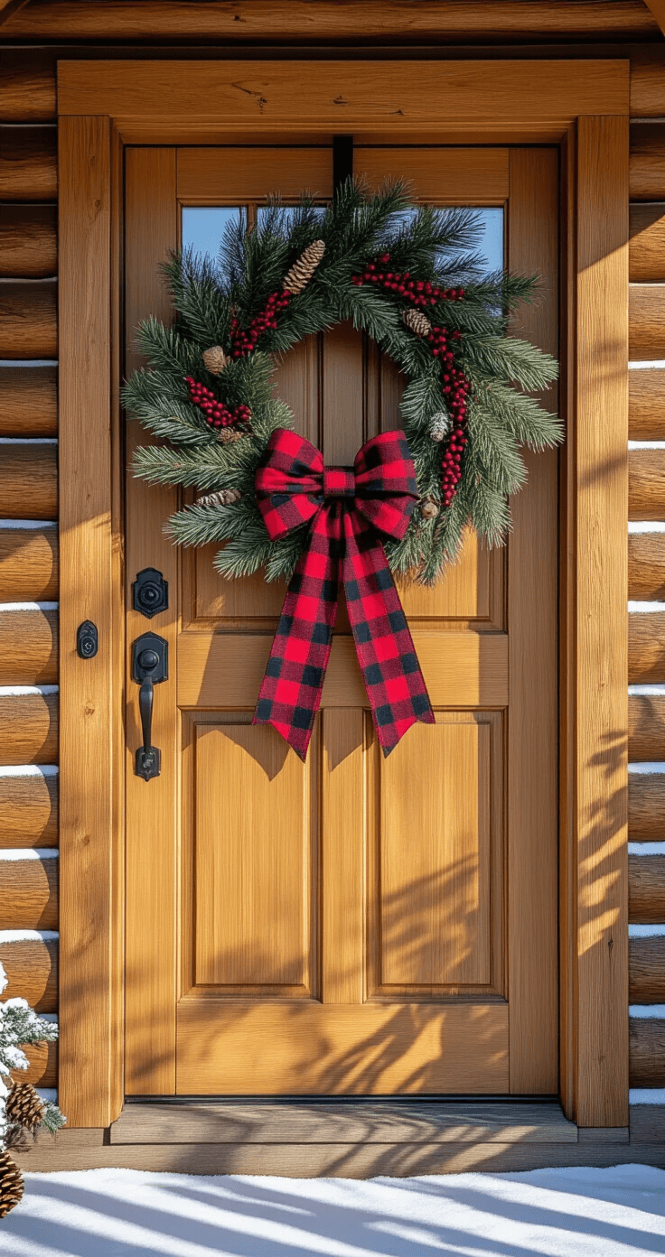A rustic cabin entrance in bright morning light featuring a wood door with black iron hardware, adorned with a grapevine wreath filled with artificial greenery, pine branches, and red berries, complemented by a large plaid flannel bow. The warm-toned log cabin walls and lightly snow-dusted porch railings create a cozy atmosphere, with sharp shadows highlighting the textures of the natural materials.