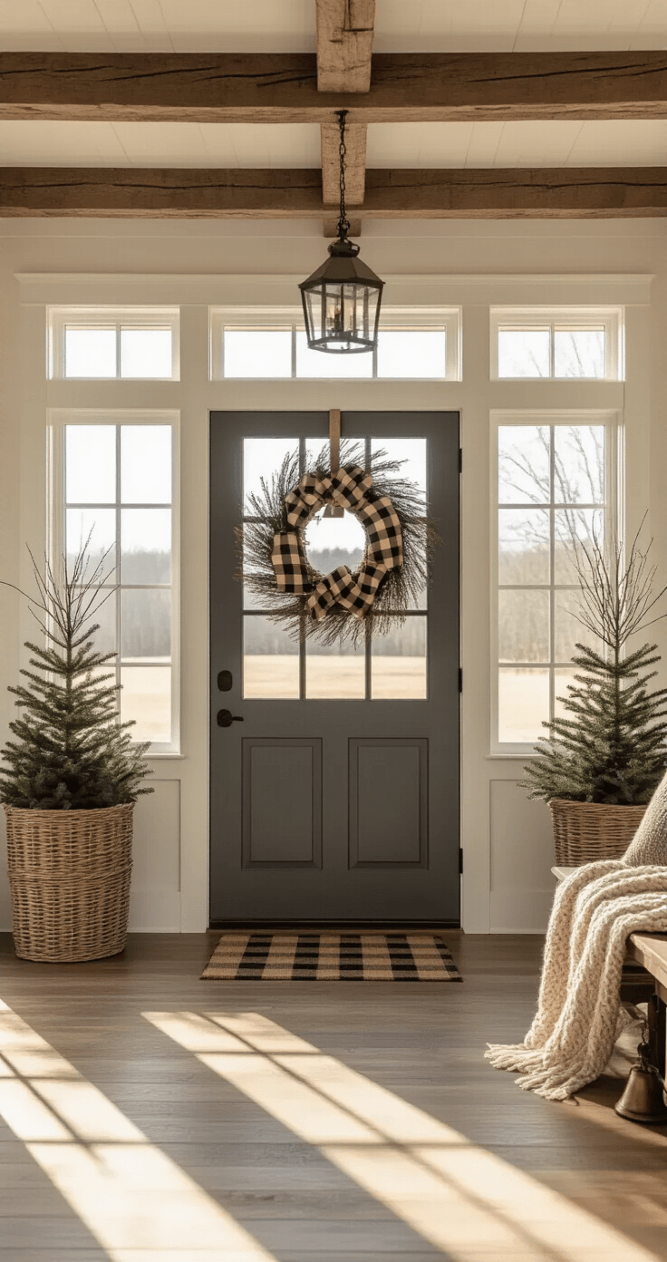 Wide-angle view of a grand farmhouse entryway featuring a rustic winter wreath on a charcoal grey door, highlighted by warm golden hour sunlight, exposed wooden beams, distressed hardwood floors, and decorative wicker baskets with birch branches, alongside a vintage bench and cozy accents.