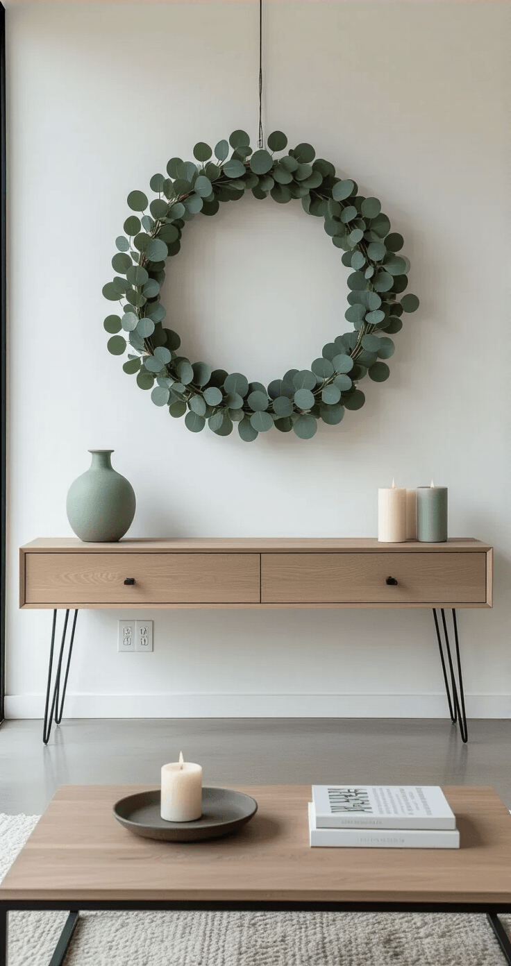 Modern minimalist living room with a eucalyptus ring wreath above a sleek floating console, featuring polished concrete floors, floor-to-ceiling windows, and a neutral palette of warm whites and natural wood tones.