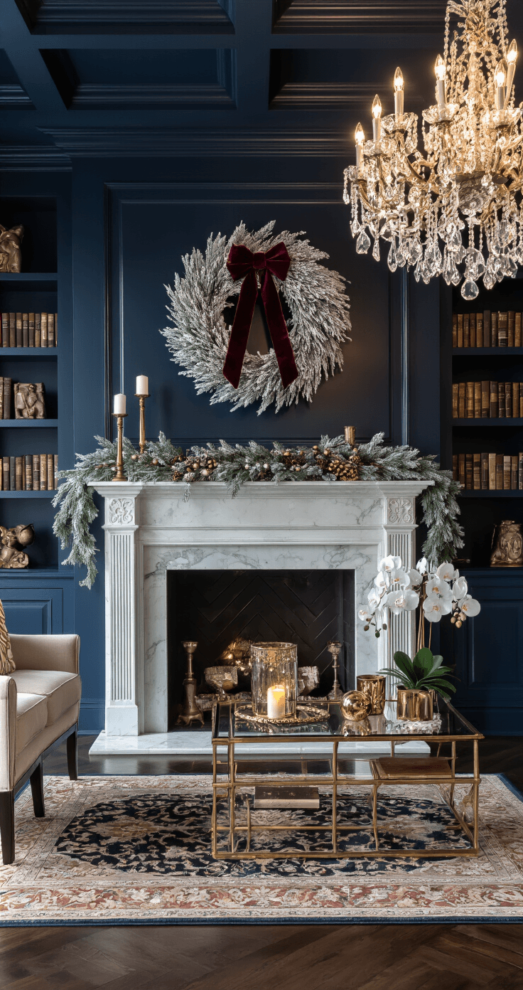 Elegant formal dining room at twilight with navy walls, a marble fireplace adorned with a winter wreath, and a crystal chandelier casting warm light over dark hardwood floors and Persian rugs.