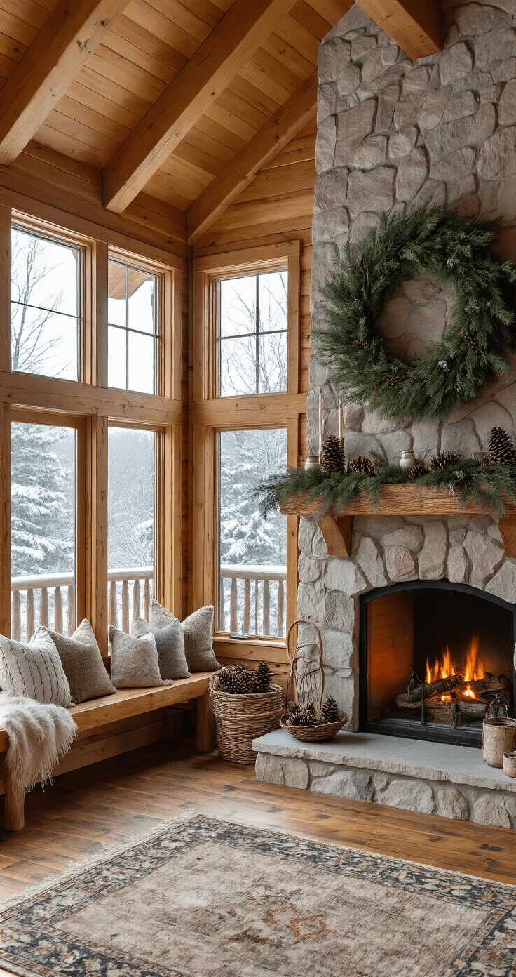 Cozy woodland cabin interior with knotty pine walls, a stone fireplace, a natural winter wreath, exposed log beams, vintage rugs, and a live-edge wooden mantel. Warm earth tones and soft overcast light enhance the rustic charm.