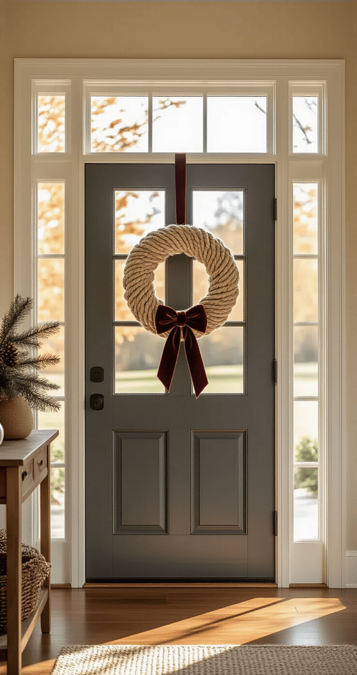 A cozy living room entrance featuring a handmade yarn wreath on a charcoal gray door, with sunlight illuminating burgundy, cream, and brown yarn textures. The scene includes a wooden console table, seasonal decor, hardwood floors, and cream walls, evoking an inviting autumn atmosphere.