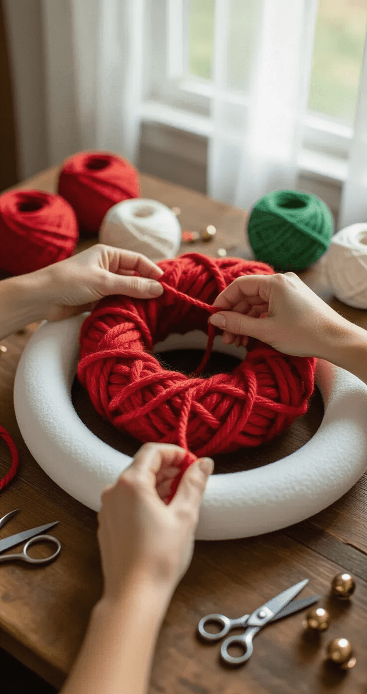 Close-up of hands wrapping red chunky yarn around a white foam wreath form on a rustic wooden dining table, with soft afternoon light filtering through sheer curtains. Scattered supplies, including green and white yarn skeins and scissors, are visible in the blurred background.